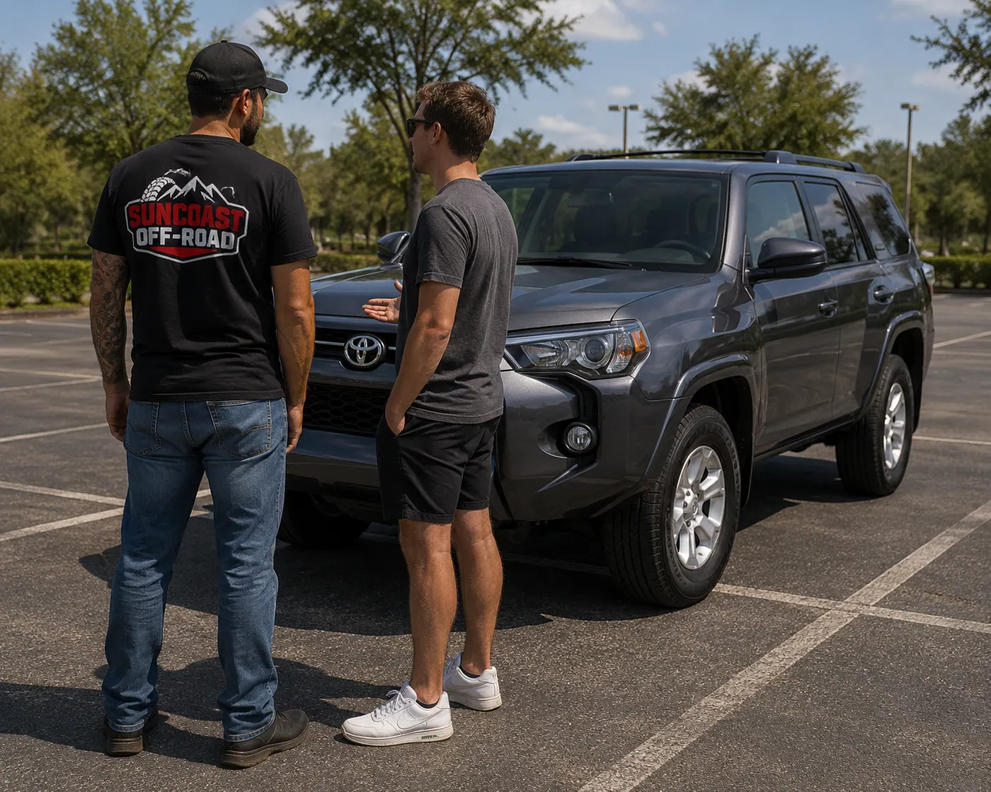 Customer and technician reviewing a 4x4 project at the shop intake counter